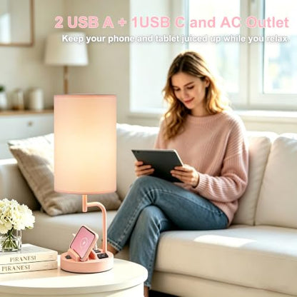 Dreamholder 2 Pack Table Lamp, Bedside Lamp with 3 USB Charging Ports & AC Outlet, USB Desk Lamp with 2 Phone Holders, Linen Fabric Shade Nightstand Lamps for Bedroom Living Room Office, Pink - color: Pink