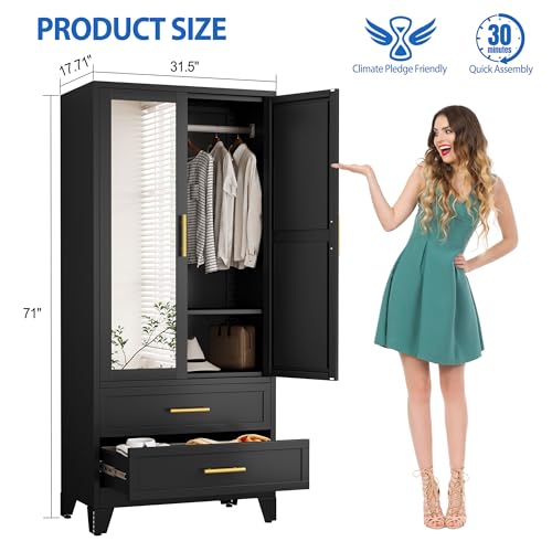 GAIOUS Steel Armoire Wardrobe Closet with Mirror and 2 Drawers 71" Black | Clothes Storage Cabinets with 2 Doors, 1 Adjustable Shelf, Metal Wardrobe Cabinet with Hanging Rod for Bedroom, Gym, Cloak - color: 2 Drawer Black- Mirror Style, size: 17.71"D x 31