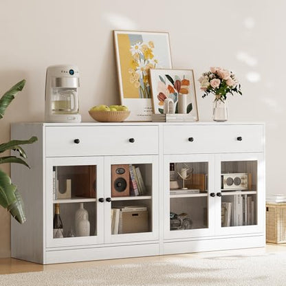 TUSY 71" TV Stand Storage Set - 2 Tall Bookcases & 2 Side Cabinets, Media Console with Glass & Wood Doors, Entertainment Center with Drawers, Tall Media Console for Living Room (White, AFFA) - color: White