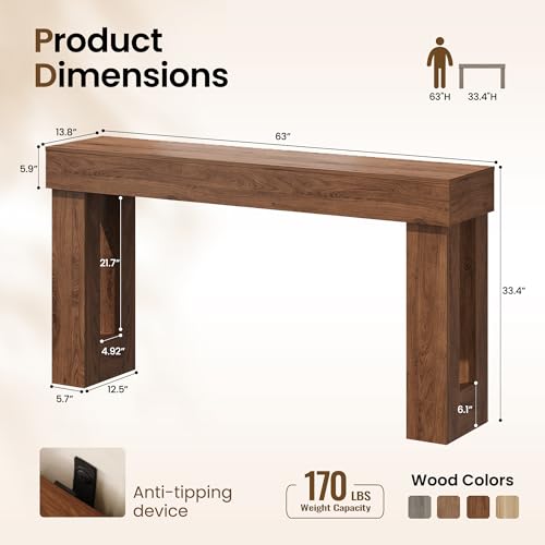 Apicizon 63" Long Console Table with LED Light, Farmhouse Entryway Table, Wooden Rectangular Sofa Table Behind Couch, Narrow Entrance Table for Living Room, Hallway, Foyer, Dark Brown - color: Dark Brown