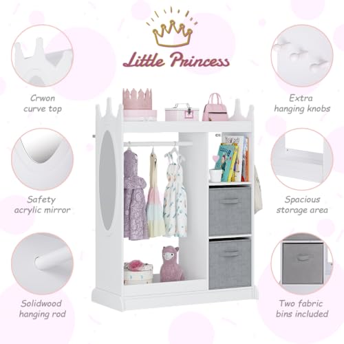 UTEX Kids Dress up Storage with Crown-Shaped Design and 2 Fabric Bins | See and Store Kids Wardrobe, Toddler Dress Up Rack, Open Hanging Armoire Closet, Water-based Paint, Princess Style - color: White