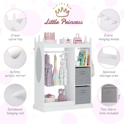 UTEX Kids Dress up Storage with Crown-Shaped Design and 2 Fabric Bins | See and Store Kids Wardrobe, Toddler Dress Up Rack, Open Hanging Armoire Closet, Water-based Paint, Princess Style - color: White