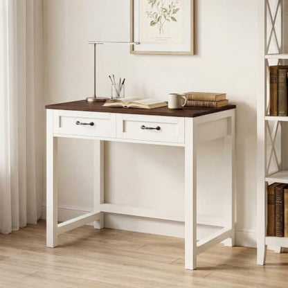 Small Writing Desk with 2 Drawers, Two-Tone Farmhouse Computer Desk with Storage, 31.5" Compact Study Table for Home Office Small Space, White & Walnut
