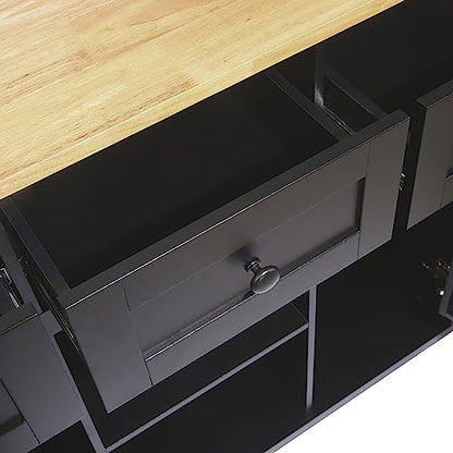 Kitchen Island, Rolling Kitchen Cart with Drop Leaf Top | Drop leaf countertop expands prep and serving space, folds down to save room in compact kitchens or dining areas - color: Black + Mdf + Rubber Wood