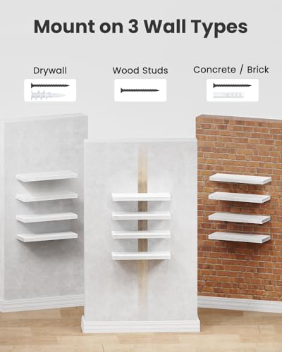 Amada Paulownia Wood Floating Shelves for Wall, Set of 4, White | Wall Shelves with Solid Metal Concealed Brackets, 22 lbs Capacity per Shelf, Includes Drilling Template, Flexible 4-Piece Set - color: White, size: 4
