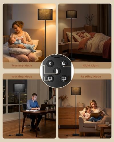 Dimmable Floor Lamp for Living Room with Remote, 9W 900LM LED Bulb Included, Black Shade Black Pole - color: black & soft black