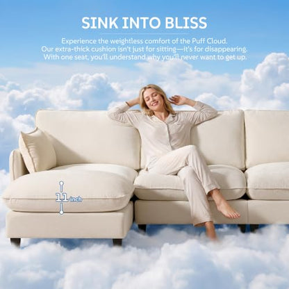 Ihanherry 72" Loveseat Sofa, Cloud Couch with Oversized Large Cushions & Movable Ottoman, Chenille Deep Seat Couch for Living Room, Beige - color: Beige Cream, size: 72'' Loveseat