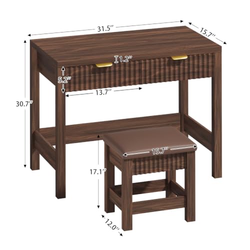32 Inch Small Fluted Computer Desk with 2 Drawers & Stool for Bedroom | Small Wooden Computer Desk with Storage, Compact Writing Study Vanity Desk with Stool for Small Spaces, Walnut - color: Walnut, size: 32-Inch Desk with Stool