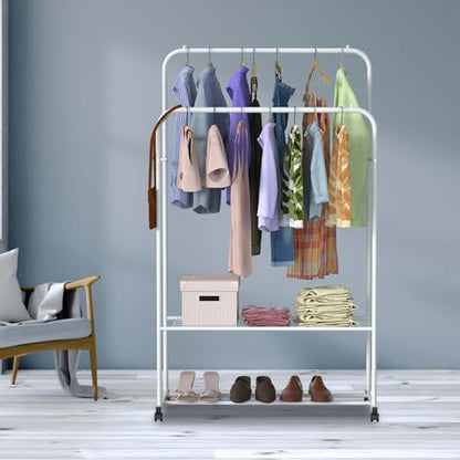 Double Rod Garment Rack with Wheels, Heavy Duty Clothing Racks for Hanging Clothes, Multi-functional Rolling Clothes Organizer, Portable Clothes Rack - size: 19.7"D x 31.3"W x 62.6"H
