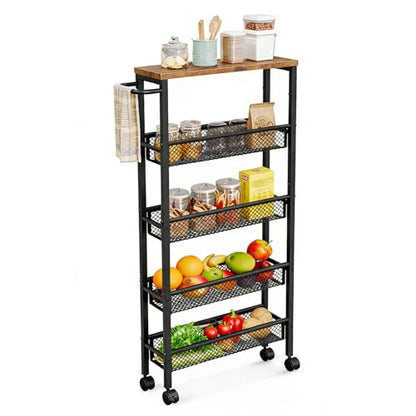 Slim Rolling Cart 5 Tier Narrow Storage Cart on Wheels with Handle | Lockable Wheels, Wood Top Panel, Metal Frame Utility Carts for Kitchen, Dining, Living, Home Office, Laundry Room - size: 16.38 x 5.12 x 39.17 inch