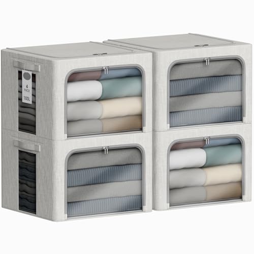 4 Pack Clothes Storage Bins with Metal Frame - 100L Stackable Storage Box with Lid，Foldable Storage Container Organizer for Clothes，Linen Fabric Storage Box with Clear Window＆Zippers＆Handles - color: Light Grey, size: 100L