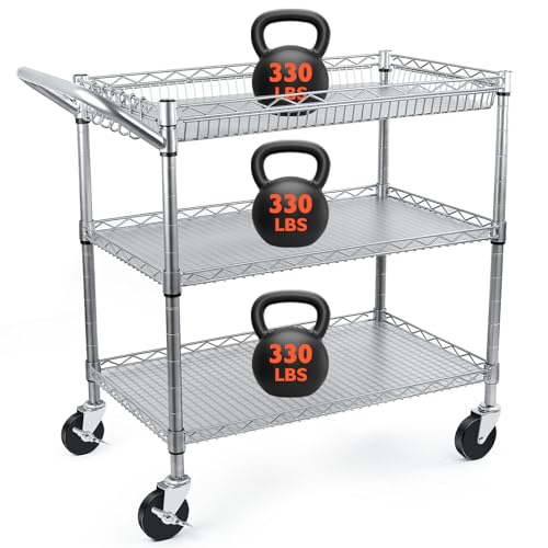 BolDuck Heavy Duty Utility Cart, 990Lbs Capacity 3 Tier Rolling Carts with Wheels, Kitchen Cart on Wheels with Storage, Commercial Grade Metal Serving Carts with Wire Shelving &Handle Bar, Silver - color: Silver