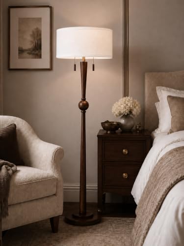 MOFFE Solid Wood Floor Lamp for Living Room,Pull Chains Standing Lamp | 62.8" Tall,17" White Drum Shade,Sculptural Wood Base & Stem,2-Light Design,Standing Lamp for Bedroom,2 Bulbs Included - color: Espresso Walnut