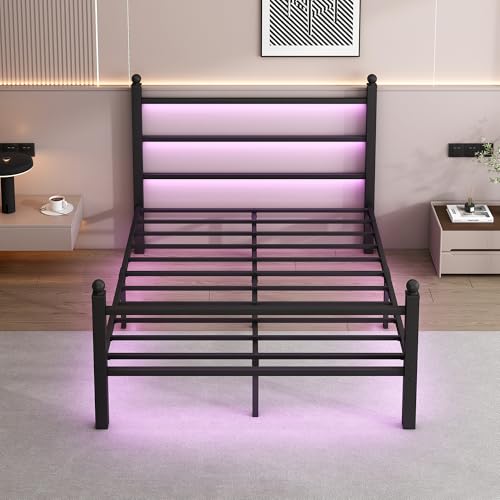 CLIBFENG Full Size Bed Frame with Headboard and Footboard,Steel Slats Support-LED Bed Frame with Charging Station,Mattress Foundation-Under Bed Storage, No Box Spring Needed,Noise Free,Black - size: Full 2, style: Black