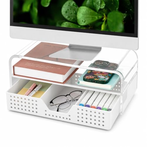 Desk Organizer and Accessories, 2-Tier Computer Monitor Stand Riser with Drawer and 2 Pen Holders, Laptop Stand, Office Desk Accessories for Office Supplies, 1 Pack, Transparent - color: Transparent 1-Pack, size: 2-Tier