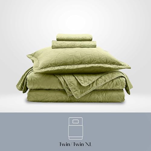 Clara Clark Quilts Twin Size - All Season Bedspread Coverlet Set, Pinsonic Weave Lightweight Bedding Set - 5 Piece Twin Quilt Set with Pillow Shams, Olive Green - Twin Ellipse - color: 41 – Olive Green – Ellipse, size: Twin