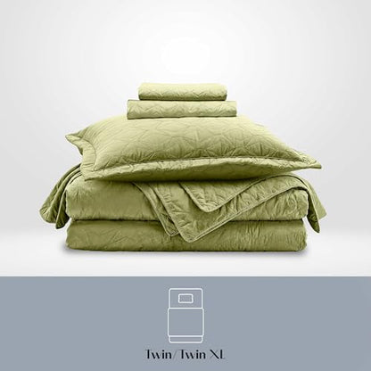 Clara Clark Quilts Twin Size - All Season Bedspread Coverlet Set, Pinsonic Weave Lightweight Bedding Set - 5 Piece Twin Quilt Set with Pillow Shams, Olive Green - Twin Ellipse - color: 41 – Olive Green – Ellipse, size: Twin