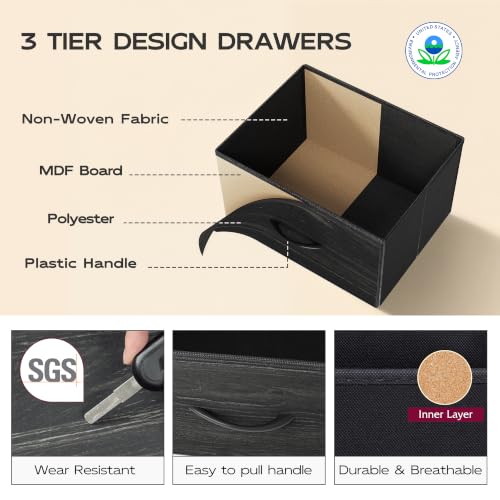 WLIVE 5 Drawer Dresser for Bedroom, Tall Chest of Drawers, Black Wood Grain | 5 vertical fabric drawers, Tall vertical design, Bedroom or closet use, Dresser for small spaces, Sturdy steel frame - color: Charcoal Black Wood Grain Print