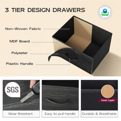 WLIVE 5 Drawer Dresser for Bedroom, Tall Chest of Drawers, Black Wood Grain | 5 vertical fabric drawers, Tall vertical design, Bedroom or closet use, Dresser for small spaces, Sturdy steel frame - color: Charcoal Black Wood Grain Print