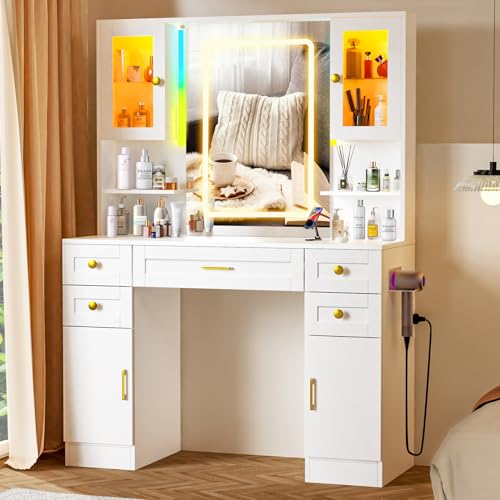 Vanity Desk with Mirror and LED Lights & Power Outlet | Large Makeup Vanity Table with 5 Drawers and 4 Storage Cabinets, White Dressing Table for Bedroom - size: 049 Soft White