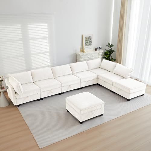 L Shaped Couch with Storage, Modular Sectional L Sleeper Sofa Cama Moderno Sets for Home Living Room, Lounge Sofa Couch Sectional Convertible for Bedroom, Office - Cloud Couch/Beige Couch - color: Beige, size: L Shaped-5+2