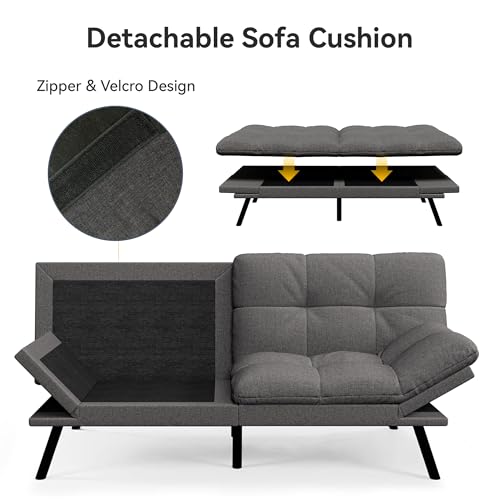 Vipbear Convertible Futon Sofa Bed,Grey Linen Fabric Futon Couch with Detachable Cushion,Adjustable Backrest & Armrest,Modern Loveseat Sleeper Recliner for Living Room,Office,Apartment