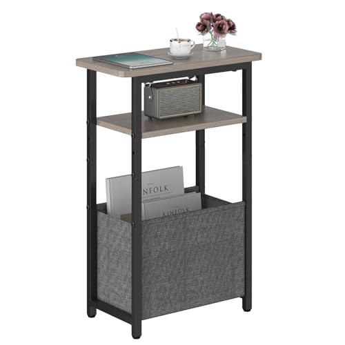 sthmec Narrow Side Table, Skinny End Tables with Fabric Basket, Small Side Tables for Small Space, 2-Tier Open Shelves with Basket, Slim Nightstands for Bedroom,Living Room,Office, Grey - color: Grey, size: Ordinary (15.75''D* 7.85''W* 25.2''H)