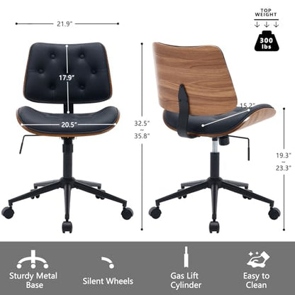 Armless Home Office Chair in Button Style, PU Leather Small, Black | PU Leather Adjustable Height Computer Desk Chair, 360 Swivel Small No Arms Office Seat, Walnut Design Stool, 300LBS Cap - color: Black, size: Button Style