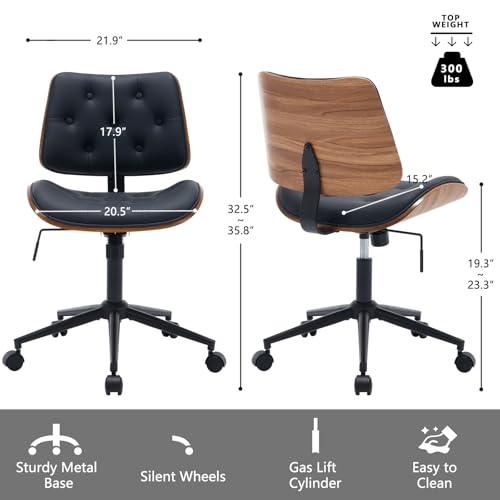 Armless Home Office Chair in Button Style, PU Leather Small, Black | PU Leather Adjustable Height Computer Desk Chair, 360 Swivel Small No Arms Office Seat, Walnut Design Stool, 300LBS Cap - color: Black, size: Button Style