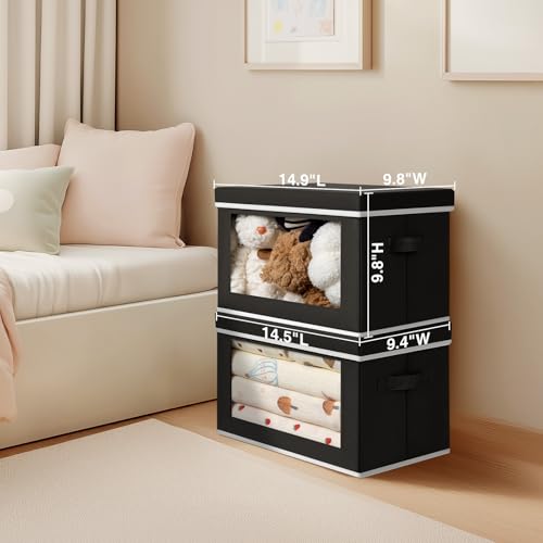 Storage Boxes with Lids - 3 Pack Fabric Clear Window Storage Bins, Collapsible Storage Bins with Lids, Linen Closet Organizer for Clothes, Towel, Blanket, Black - color: Black, size: L(3-Pack)