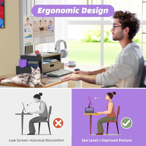 Simple Trending Wood Monitor Stand Riser, Desktop Oraganizer, Black | Desk Organizer and Accessories, Laptop & Printer Stand, Drawer & Pen Holder, for Home Office, 20.25"W x 9.25"D x 5.5"H - size: 20.25"W x 9.25"D x 5.5"H