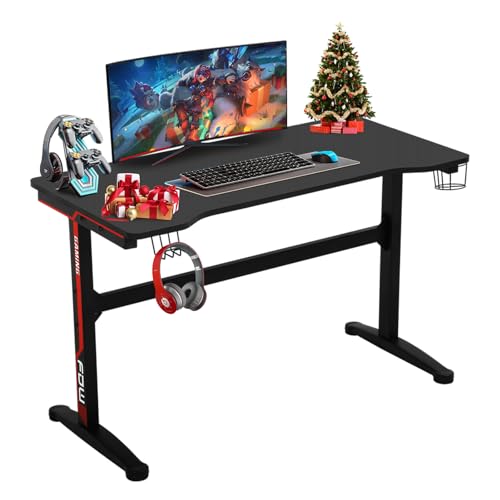 BLKMTY Gaming Desk, 47 Inch Computer Desk with Carbon Fiber Surface, Gaming Table T Shaped PC Gamer Workstation Home Office Desks with Cup Holder and Headphone Hook, Red & Black - color: Red, size: 47.2" T-shaped