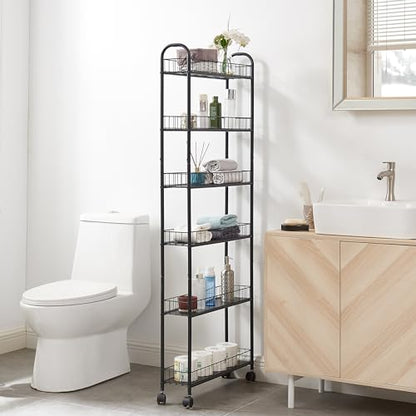 6-Tier Storage Cart Wire Slim Shelving Shelf with Wheels for Small Spaces, Rolling Tall Organizer Storage for Bathroom, Kitchen, Home, Garage, Bedroom, Closet (Black, 10“D)