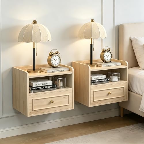 Floating Nightstand with Charging Station Set of 2, Modern Wall Mounted Bedside Tables with Drawer & Open Shelf, Modern Hanging Table with USB & Type C Ports for Bedroom, Small Spaces (White Oak) - color: White Oak