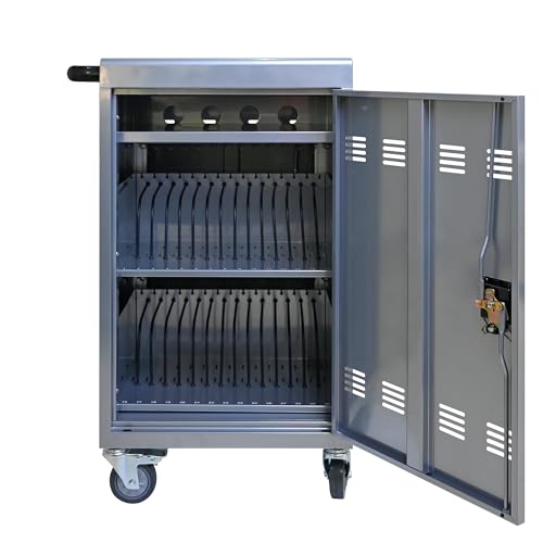 30-Device Mobile Charging Cart Station for Tablets & Laptops ,Secure Storage & Fast Charging,Heavy-Duty Steel Construction with Locking Wheels & Cable Management,Ideal for Schools & Offices，sliver - color: Silver