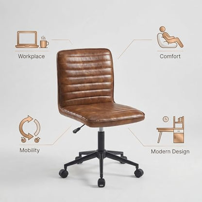 Furnimart Armless Swivel Rolling Desk Chair, Adjustable Faux Leather Vanity Chair with Gold Legs, Cute Task Chair with Wheels for Living Room Bedroom Studying Small Places (Leather-DustYellow) - color: Dust Brown-faux Leather