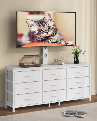 TV Stand with Mount for 32/55/65/75/85 inch TVs, Entertainment Center with 9 Fabric Drawers Dresser Storage, Height Adjustable Media Console - color: White