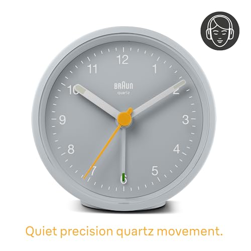 Braun Classic Analogue Alarm Clock with Snooze and Light, Quiet Quartz Movement, Crescendo Beep Alarm in Grey, Model BC12G. - color: Gray, size: 75 x 75 x 35 mm