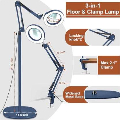 LANCOSC 15X Magnifying Glass with Light and Stand, 3-in-1 Adjustable Swing Floor Lamp, 5 Color Modes Stepless Dimmable, LED Lighted Hands Free Magnifier & Clamp for Reading, Crafts, Painting - Blue - color: Blue