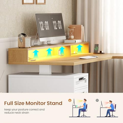 SEDETA Farmhouse L Shaped Standing Desk, 70.1" x 73.2" Height Adjustable Home Office Executive Desk with Drawers, Power Outlet, Monitor Stand, Sit Stand Table with Led Lights for Home Office, Oak - color: Oak