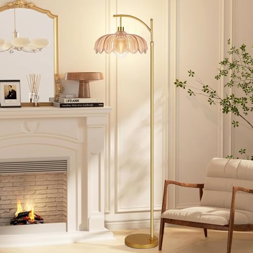QIYIZM Glass Floor Lamp for Living Room,Bedroom,Gold Dimmable Standing Lamp with Remote,Mid Century Modern Brass Tall Lamp Boho Floor Lamps Arc Stained Flower Floor Light Lamp Bohemian - size: 35-Floor Lamp