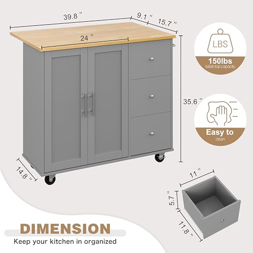 Shintenchi Kitchen Island with Folding Drop Leaf, Rolling Island Table with Storage, Kitchen Cabinet on Wheels with Seating Area for Kitchen, Bar Cart with Cabinet, Gray - color: Grey