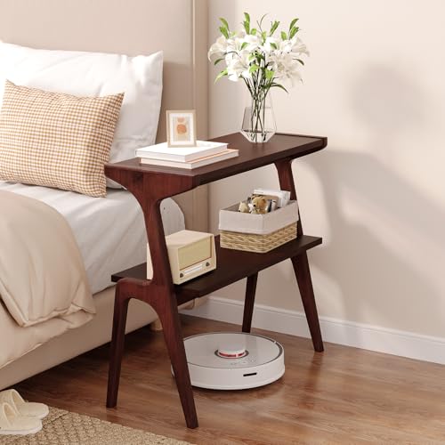 Solid Wood End Table | 2-Tier Side Table with Storage Shelf, Slim Table for Sofa, Living Room, Bedroom, Small Space, Easy Assembly, Burgundy - color: Burgundy