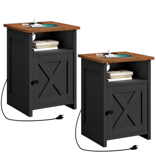 Farmhouse End Table Set of 2 w/Charging Station, Nightstands w/Barn Door & Storage Shelf, Rustic Bedside Table for Living Room, Bedroom, Entryway, Office, Small Spaces, Black
