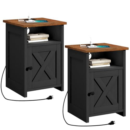Farmhouse End Table Set of 2 w/Charging Station, Nightstands w/Barn Door & Storage Shelf, Rustic Bedside Table for Living Room, Bedroom, Entryway, Office, Small Spaces, Black