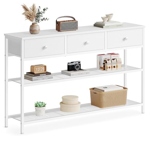 SONGMICS Console Table, Narrow Sofa Table with 2 Mesh Shelves | For Entryway, Living Room, 3 Fabric Drawers, Cloud White, BELLAH Collection ULGS014W101 - color: Cloud White, size: 11.8"D x 44.8"W x 31"H (3 Drawers)