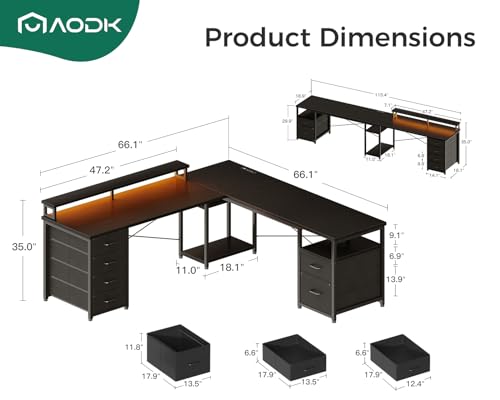 AODK 66" L Shaped Computer Desk, 113“ Reversible Home Office Desk with File Cabinet & 4 Fabric Drawers, Two Person Desk with LED Lights & Power Outlet, Corner Gaming Desk with Monitor Shelf, Black | Desk with File Cabinet & 4 Fabric Drawers, Monitor Shelf