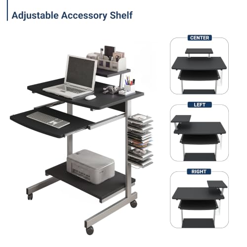 Techni Mobili Rolling Computer Desk Cart w/ Keyboard Tray & Wheels, Black | Locking casters, printer stand, office cart, compact desk, home office, small space computer workstation