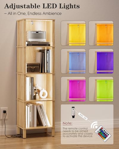 Bookshelf with LED Lights, Modern 4-Tier Bookcase, Open Storage Book Shelf, 11 × 14.2 × 50.4 Inches, Small Narrow Bookshelves for Living Room, Home Office, Bedroom, Natural - color: Natural