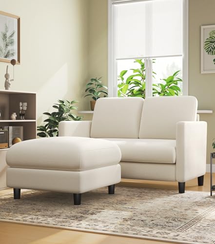 Welzona Loveseat Sofa with Ottoman, 51" Small L Shaped Teddy Couch Sofa | Comfy Teddy Fabric, Tool-free Setup, Washable Covers, All-wood Couch Sets for Living Room, Bedroom, Small Spaces, Beige - color: Beige, size: loveseat & ottoman